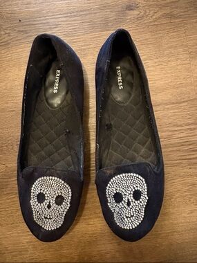 Express Black Ballet Flats with Crystal Skull Accent